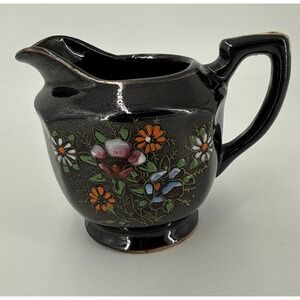 Vtg Japan Black/Deep Deep Brown Creamer w/ Hand Painted Moriage Floral-Gold Acce